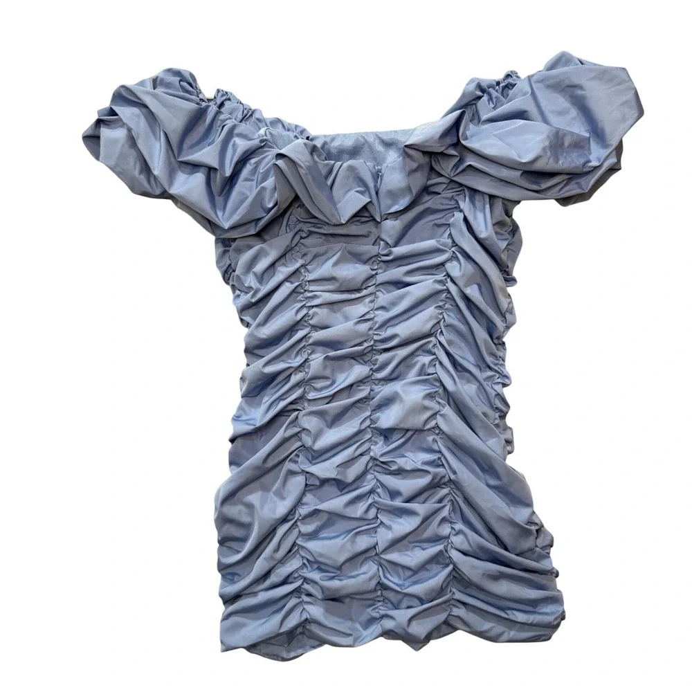 Glamorous NWT Urban Outfitters Blue Ruched Off Shoulder Puff Sleeve Mini Dress S